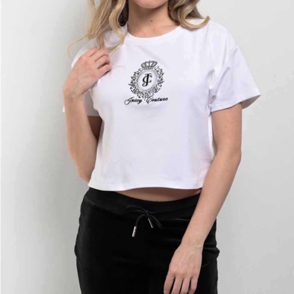 Juicy Couture White Crop Tee with Black Jeweled Crest Logo Sz S (T4)